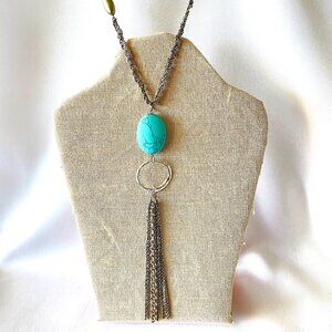 Turquoise Tassel Pendant Silver Statement Necklace – Brass & Silver Chain